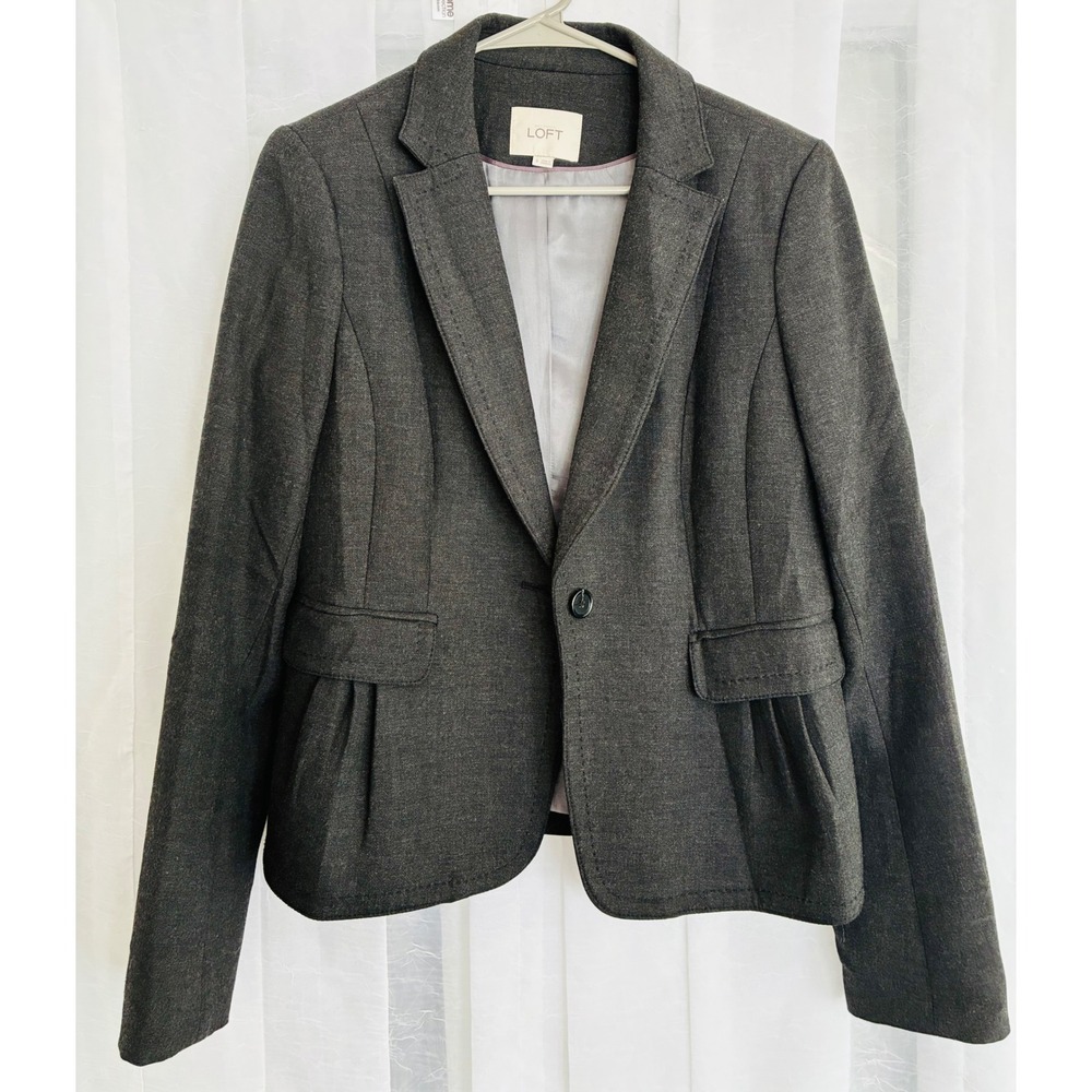 Ann Taylor LOFT Womens Charcoal Gray Single Button Pleated Pocket Blazer Size‎ 6